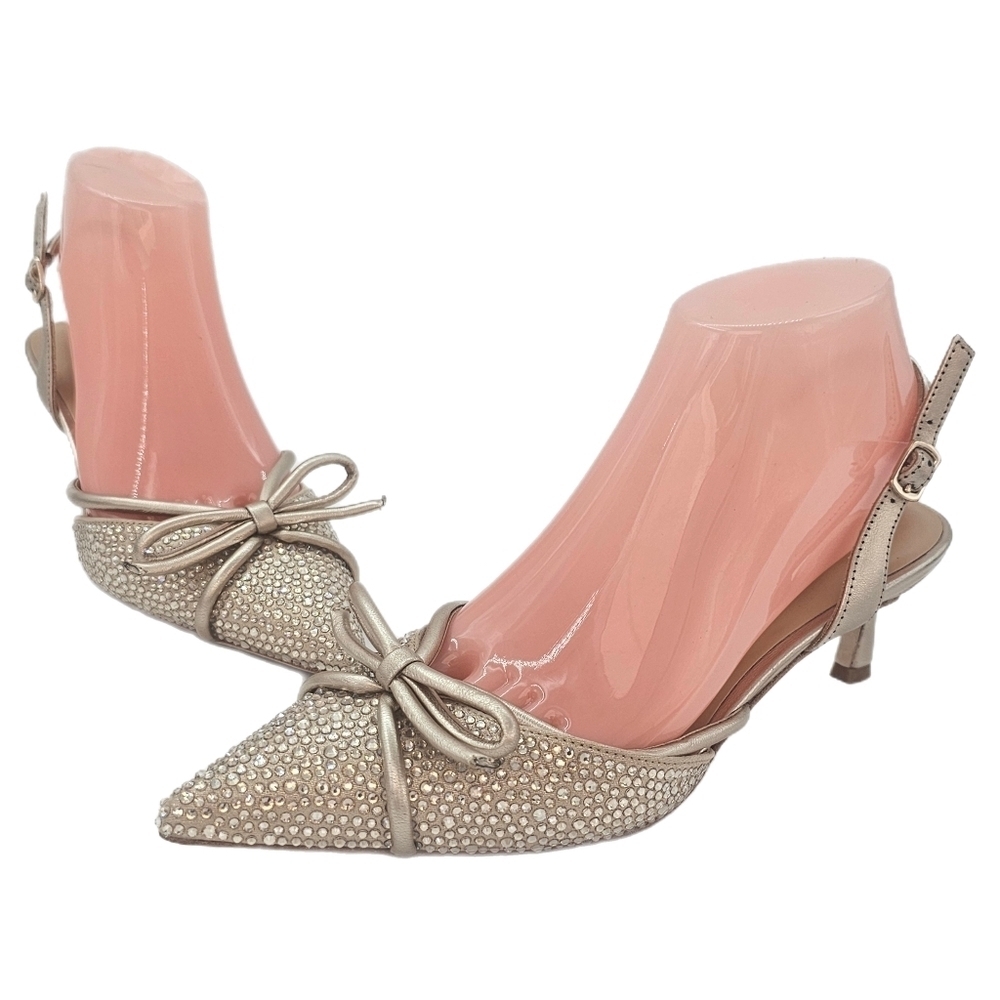 Badgley Mischka Krystia Slingback Kitten Heels Size 7 – Gold w/ Pearled Bow